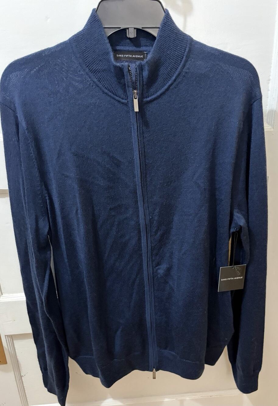 F7 Saks Fifth Avenue Merino Blend Full Zip Men’s Sweater Navy Size L NWT $129
